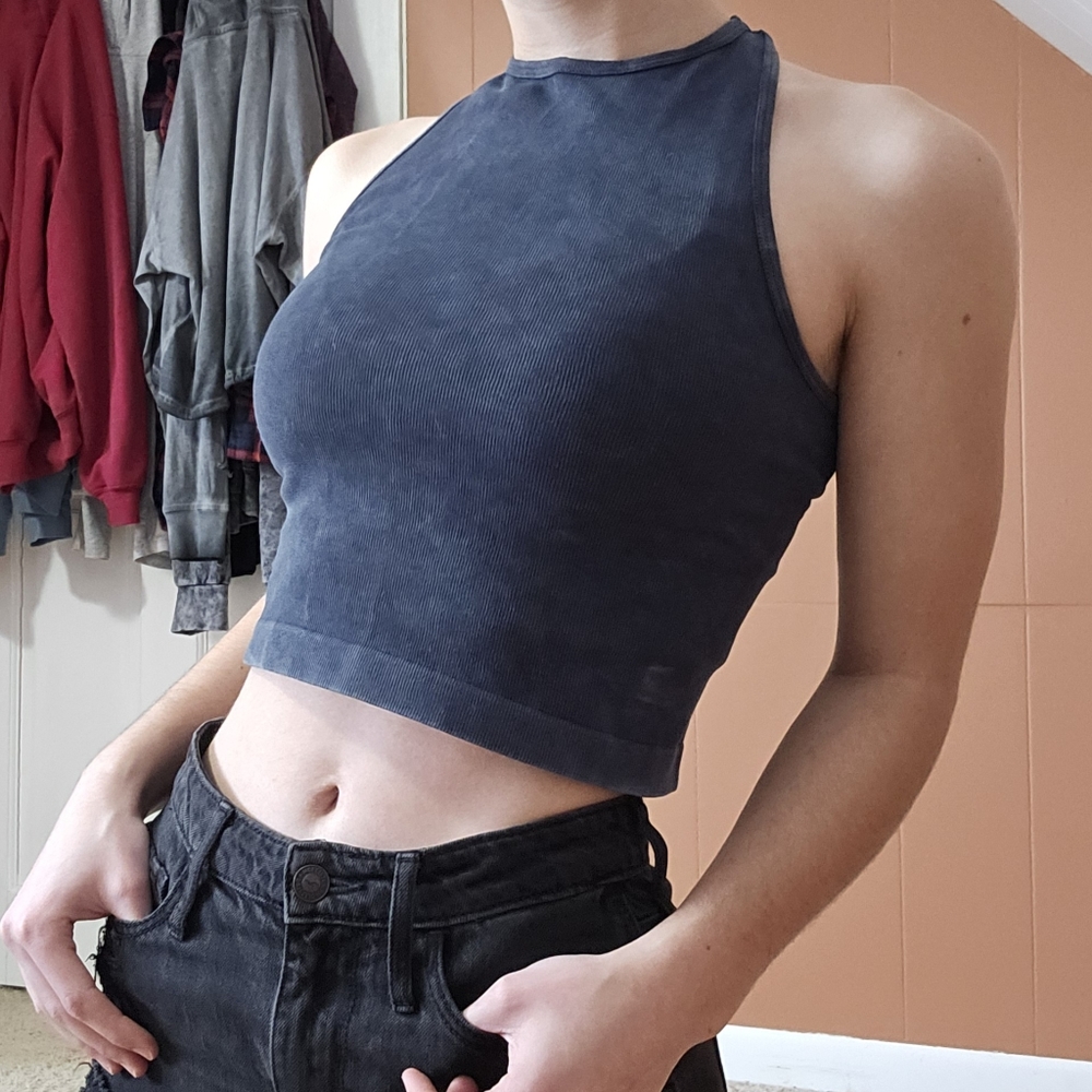 Dark Blue Cropped Ribbed Tank Top
